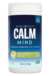 Natural Vitality Calm Mind magnesium supplement for stress relief, flavored drink mix with L-Theanine and honey chamomile.